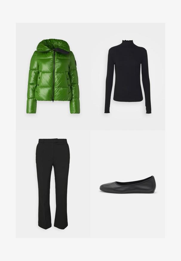 Save the duck ISLA - Vinterjakker - grass green; Sort langærmet turtleneck top lavet af glat stof, med en rynket krave og tætsiddende silhuet med enkle kanter.; Sort skræddersyede bukser med lige ben, der har bæltestropper og sidelommer. Fremstillet af glat stof med en ren finish.; Sort læderballetsko med rund tå, glat tekstur, minimal syning og et fleksibelt såldesign.