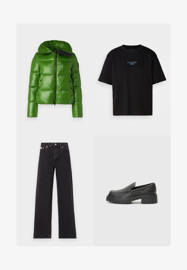 Save the duck ISLA - Zimska jakna - grass green; Crna pamučna majica s okruglim izrezom, kratkim rukavima i plavim izvezenim logom "Calvin Klein JEANS" na prednjoj strani.; Crne široke traperice od denima, s visokim strukom, pet džepova i metalnim zatvaranjem s kontrastnim šavovima.; Crne kožne loaferice s zaobljenim vrhom, debelim teksturiranim potplatom i minimalnim detaljima šivanja. Elegantna izrada bez vidljivih vezica ili metalnih elemenata.