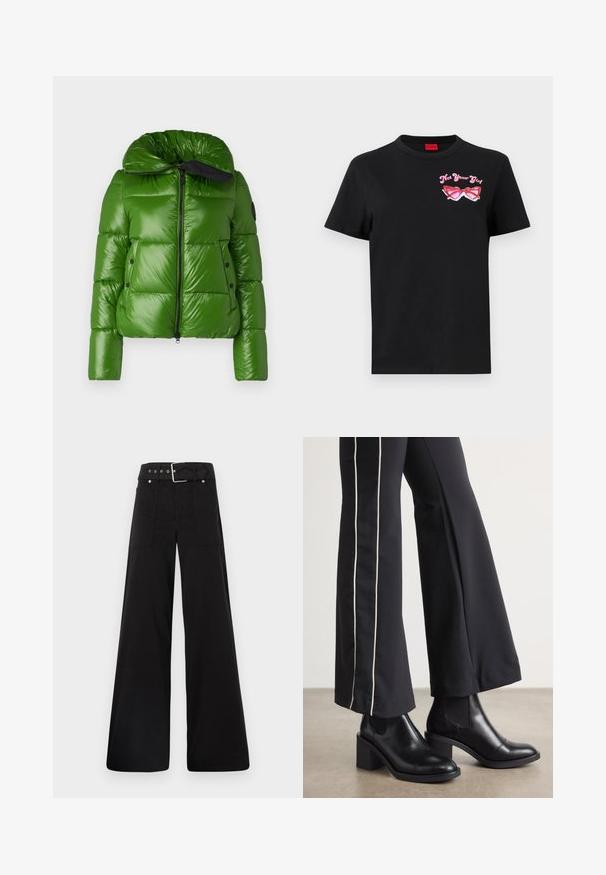 Save the duck ISLA - Winter jacket - grass green; Black cotton t-shirt with short sleeves featuring a pink graphic of sunglasses and text "Not Your Girl" on the left chest area.; Black wide-leg trousers made from cotton, featuring a high waist, large side pockets, and a belted waist with silver hardware accents.; Black leather ankle boots with a block heel, featuring elastic side panels. Paired with black pants that have a white side stripe.