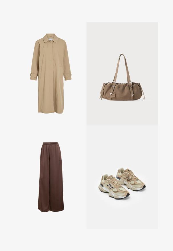 Beige langt trenchcoat med enkelt knapp ved kraven, skjult frontlukning, sidelommer og knaplukninger på ærmerne.; Beige kabelstrik sweater med rund hals, der har teksturerede diamantmønstre samt ribbede manchetter og kant. Behagelig og tyk strikdesign.; Hvid bomulds T-shirt med korte ærmer og rund halsudskæring. Glat tekstur, afslappet pasform og ingen synlige mønstre eller detaljer.; adidas Originals Træningsbukser - auburn cream white; Beige sneakers med mesh og suede materialer. Har et sort logo og teksturerede accenter. Tyk hvid mellemsål og sort gummisål.; Brun ruskinds håndtaske med en samlet top, sølv hardware elementer og to skulderremme. Har en rektangulær form og et minimalistisk design.