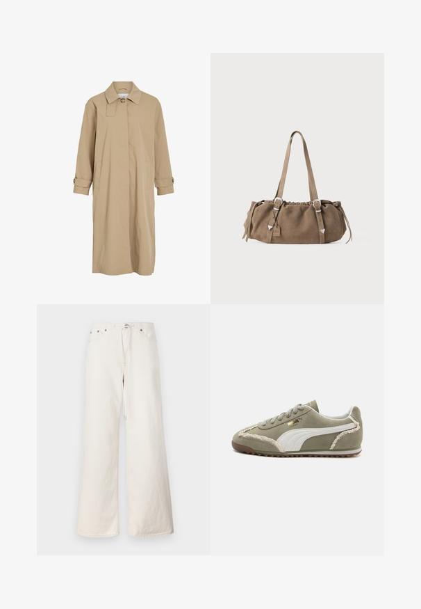 Beige hosszú trench coat, egysoros gombbal a gallérnál, rejtett elülső zárás, oldalsó zsebek és gombos pántok a mandzsettán.; Beige kábelmintás pulóver kerek nyakkal, texturált gyémántmintákkal és bordás mandzsettákkal és aljjal. Kellemes és vastag kötésű dizájn.; Fehér, bő szárú farmernadrág, húzózsinórral a derékrészen, elülső zsebekkel és finom varrási részletekkel. Tartós pamutból készült.; Zöld velúr tornacipő fehér bőr részletekkel, texturált varrással, fűzős elejével és gumitalppal. Az oldalukon egyedi dizájn részletek találhatók.; Barna velúr kézitáska ráncolt tetejével, ezüst színű fém kiegészítőkkel és két vállpánttal. Téglalap alakú és minimalista dizájn jellemzi.