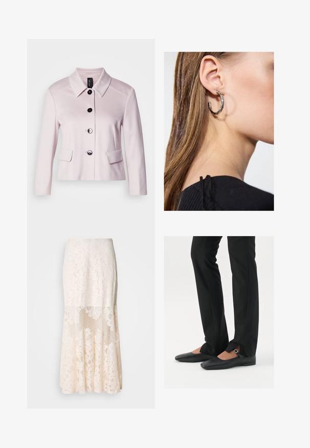 Helle rosa Jacke mit runder Kragen, schwarzen Knöpfen und zwei Fronttaschen. Die glatte Textur und das taillierte Design unterstreichen ihren strukturierten Look.; Schwarzes Tanktop aus weichem, dehnbarem Stoff. Mit Rundhalsausschnitt und breiten Trägern, tailliert geschnitten und mit glatter Oberfläche.; Blumige Spitzen-Midi-Rock in Creme; verfügt über ein geschichtetes Design mit transparenten Abschnitten, strukturierter Spitze und einem ausgestellten Saum.; Schwarze Leder-Ballerinas mit spitzer Zehenpartie, Riemchen mit silberner Schnalle, kombiniert mit schwarzen taillierten Hosen mit Schlitzsaum.; Silberne Creolen mit polierter Oberfläche, die kleine goldene Akzentdetails und eine runde Form aufweisen, am Ohrläppchen getragen.