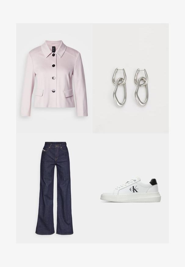 Light pink jacket with a rounded collar, black buttons, and two front pockets. Smooth texture and tailored design enhance its structured look.; White cotton T-shirt featuring a printed illustration of two women in urban fashion styles with a dog on a crosswalk and city buildings.; Dark blue wide-leg jeans in denim fabric with a high waist, featuring orange stitching, five-pocket design, and a button closure.; White low-top sneaker with black heel tab, platform sole, laces, and Calvin Klein "CK" logo on the side.; Calvin Klein STATEMENT LINKS - Earrings - silver-coloured