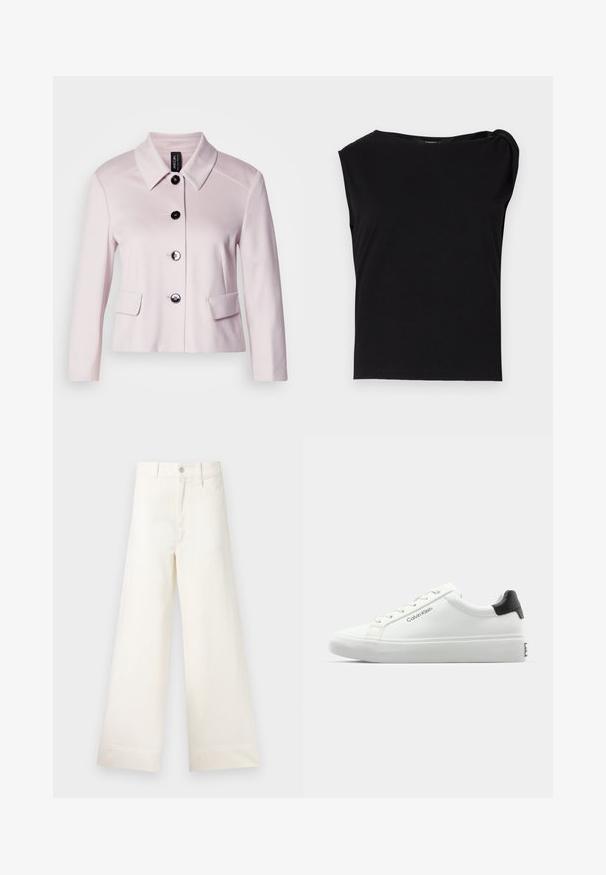 Kerge roosa jakk ümmarguse kraega, mustade nööpidega ja kahe esipocketiga. Sile tekstuur ja kohandatud disain rõhutavad selle struktureeritud välimust.; Must be pime mustaga lühikese varrukaga topp, mis on valmistatud sileda kangaga. Omab ringikujulist kaeluse ja õlariba detaili. Lihtne, keha järgiv disain.; Laiad püksid heleses puuvillas. Omavad kõrget vööd, ees on taskud ja sirge lõige. Puhtad ääred ilma mustriteta.; Valge tennisekenks, millel on sile viimistlus, must kontsatarvik ja paelaga disain. Küljel on "Calvin Klein" bränditus. Minimalistlik stiil.