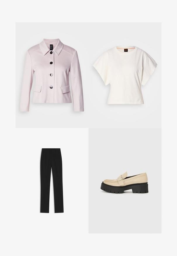 Veste rose clair avec un col arrondi, des boutons noirs et deux poches avant. La texture lisse et le design cintré renforcent son allure structurée.; T-shirt blanc cintré, manches courtes et larges, en coton doux, décolleté rond avec une discrète bordure orange, design minimaliste, sans motifs ni graphiques.; Pantalon noir ajusté avec une coupe droite, doté de poches avant et d'un tissu lisse et texturé. Détails soignés et minimalistes.; Mocassins en cuir beige avec une semelle épaisse noire, dotés d'une boucle décorative et de détails de couture à l'avant. Vue de côté.