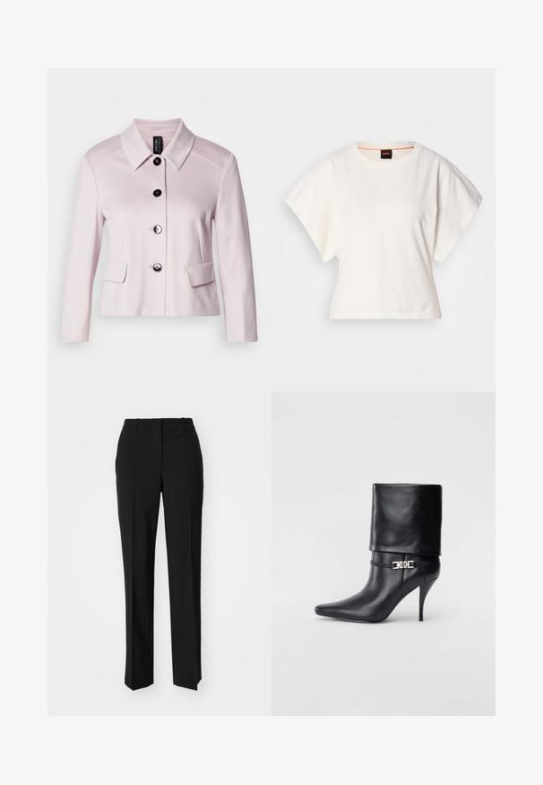 Lichtroze jasje met een ronde kraag, zwarte knopen en twee voorzakken. De gladde textuur en het op maat gemaakte ontwerp versterken de gestructureerde uitstraling.; Witte gecropte T-shirt, korte brede mouwen, zachte katoenmaterialen, ronde halslijn met subtiele oranje rand, minimalistisch ontwerp, geen patronen of graphics.; Zwarte op maat gemaakte broek met een recht model, voorzien van een soepele textuur en scherpe plooien aan de voorkant. Geen zichtbare hardware.; Zwarte leren enkelboot met een spitse neus, hoge stilettohak, opgevouwen manchet en een gouden decoratieve gespdetails op de enkel.
