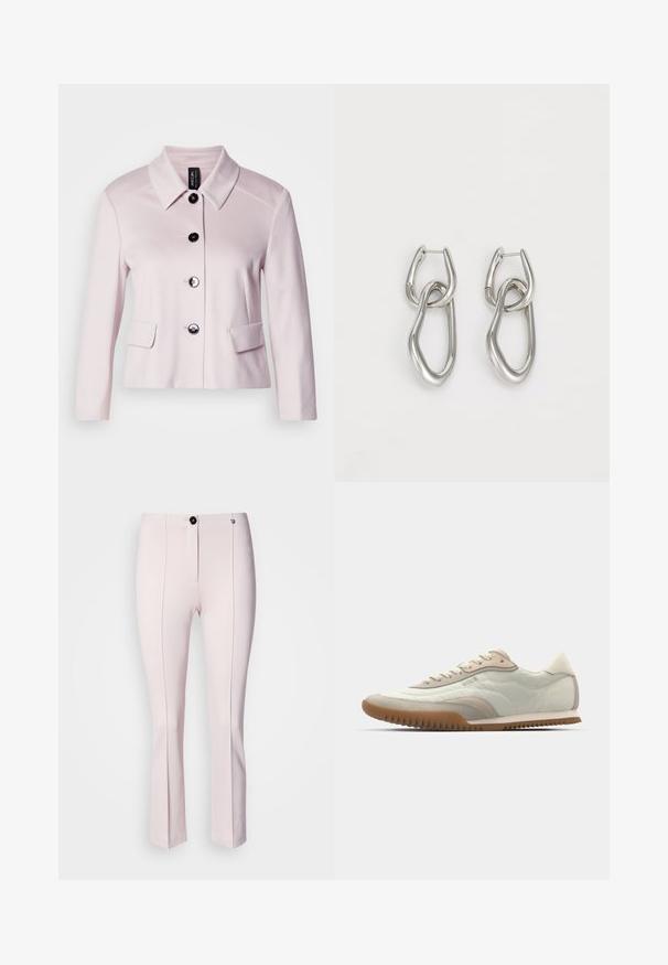 Lys rosa jakke med rund krage, sorte knapper og to frontlommer. Glatt tekstur og skreddersydd design forbedrer den strukturerte looken.; Hvit kortermet t-skjorte laget av bomull. Har en rund halslinning og en glatt tekstur, med minimal søm synlig i sømmen.; Rosa skreddersydde bukser med en lett utflaring, med frontlukkning med knapp, to vertikale sømmer og glatt tekstur.; Hvite og beige sneakers med en glatt overdel med semsket skinn-detaljer, en teksturert såle og tonede sømmer. Snøring med logo-detalj.; Calvin Klein STATEMENT LINKS - Øredobber - silver-coloured