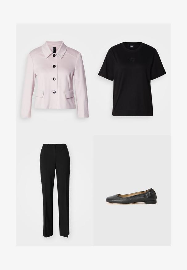 Svetlo roza jakna z zaobljenim ovratnikom, črnimi gumbi in dvema sprednjima žepoma. Gladka tekstura in oblikovalska zasnova povečujeta njen strukturiran videz.; Črna bombažna majica s krožnim izrezom, kratkimi rokavi in izvezenim logotipom na prsih. Preprosta, sproščena silhueta brez vzorcev.; Črne krojene hlače s direktnim krojem, ki se ponašajo z gladko teksturo in ostrimi pregibi spredaj. Ni vidne kovine.; Črne usnjene baletne čevlje z zaobljenim nosom in minimalnim šivom. Nizka pravokotna peta in gladka tekstura. Diskretna podloga z notranje strani.