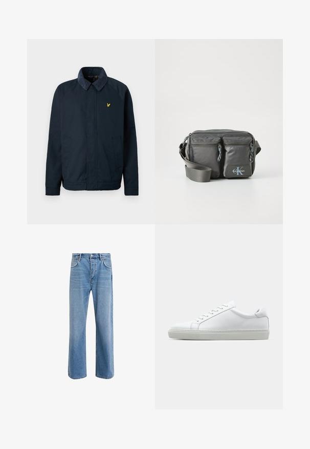 Námořnická modrá bunda s měkkým, strukturovaným límcem, která má dvě boční kapsy a malou zlatou ptáčí symboliku na hrudi.; Halenka s dlouhým rukávem a stojáčkem z jemné krémové bavlny. Hladký povrch, volný střih, minimalistický design, bez viditelných vzorů nebo akcentů.; Světle modré džínové kalhoty s rovnými nohavicemi, pěti kapsami, zapínáním na knoflík, minimálním vyblednutím a kontrastním prošitím.; Bílé tenisky s hladkým koženým svrškem a nízkým profilem. Mají zaoblenou špičku, šest nýtů a texturovanou gumovou podrážku.; Šedá nylonová crossbody taška s dvěma zipovými předními kapsami, nastavitelným popruhem a logem. Hladká textura s moderním designem.