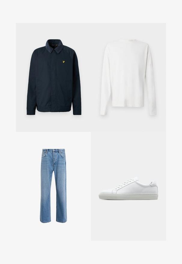 Navy blue jacket with a soft, textured collar, featuring two side pockets and a small gold bird logo on the chest.; Long-sleeved white cotton shirt with a round neckline, side slits at the bottom, and a smooth texture, displayed from the back.; Light blue denim jeans with a straight-leg design, five pockets, button closure, minimal fading, and contrasting stitching details.; White sneaker with a smooth leather upper and a low profile. Features a rounded toe, six eyelets, and a textured rubber sole.