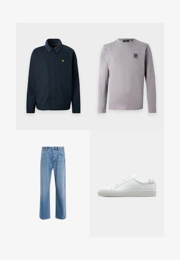 Veste bleu marine avec un col doux et texturé, dotée de deux poches latérales et d'un petit logo doré en forme d'oiseau sur la poitrine.; T-shirt à manches longues gris en coton doux. Doté d'un col rond et d'une petite étiquette sombre sur la poitrine. Texture lisse, design décontracté.; Jeans en denim bleu clair avec une coupe droite, cinq poches, fermeture à bouton, peu d'usure et des détails de couture contrastés.; Sneaker blanche avec une tige en cuir lisse et un profil bas. Présente un bout arrondi, six œillets et une semelle en caoutchouc texturé.