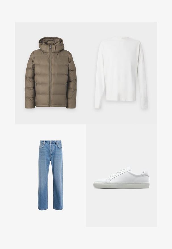 Olijfgroene pufferjack met capuchon, voorzien van een gewatteerde textuur, een ritssluiting aan de voorkant en zijzakken met rits.; Witte katoenen blouse met lange mouwen en een ronde halslijn, met zijsplitten aan de onderkant en een gladde textuur, vanuit de achterkant weergegeven.; Lichtblauwe denim jeans met een straight-leg ontwerp, vijf zakken, knoopsluiting, minimale vervaging en contrasterende stikseldetails.; Witte sneaker met een gladlederen bovenwerk en een laag profiel. Voorzien van een ronde neus, zes vetergaatjes en een gestructureerde rubberen zool.