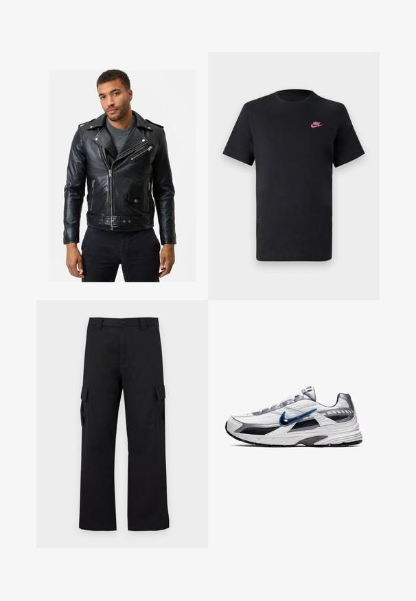 Zwarte leren motorjack met ritszakken, een riem in de taille en een kraag. Soepele textuur en aansluitend ontwerp.; Zwarte katoenen T-shirt met een ronde halslijn en korte mouwen. Bevat een roze Nike-logo aan de bovenkant aan de linkerzijde. Glad textuur.; Zwarte cargobroek met een recht gesneden ontwerp. Gemaakt van duurzaam materiaal, met twee zijzakken met klep en een knoopsluiting.; Nike hardloopschoen met een witte mesh bovenkant, navy en zilveren accenten, getextureerde overlays en een gevoerde grijze zool.