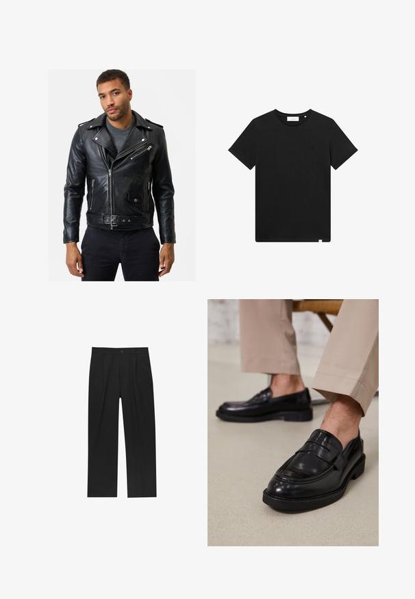 Zwarte leren motorjack met ritszakken, een riem in de taille en een kraag. Soepele textuur en aansluitend ontwerp.; Zwarte T-shirt met korte mouwen van katoen, met een ronde hals en een klein logo geborduurd op de borst. Soepele textuur, normale pasvorm.; Zwarte broeken met een recht model, gemaakt van een gladde stof. Voorzien van een voorplooien en een enkele knoopsluiting bij de taille.; Zwarte leren loafers met een gladde afwerking, voorzien van een decoratieve band en contrasterende stiksels, gecombineerd met beige broeken.