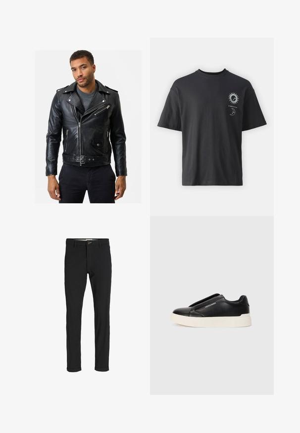 Black leather motorcycle jacket with zippered pockets, a belted waist, and a collar. Smooth texture and fitted design.; Black cotton t-shirt with short sleeves, round neck, and front graphics of a sun and moon, accompanied by text "Le Soleil et La Lune."; Black cotton blend pants with a slim fit, featuring a button closure, pockets, and rolled cuffs for a casual finish.; Black slip-on sneaker with textured leather upper, white rubber sole, and no visible laces. Features brand logo on the side.