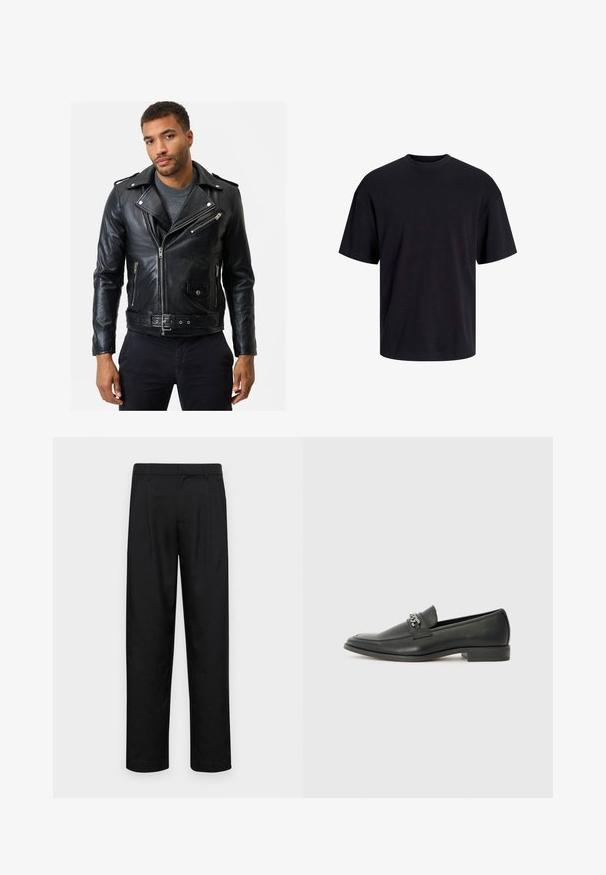 Sort lædermotorcykeljakke med lynlåslommer, bælte i taljen og krave. Glat tekstur og tætsiddende design.; Sort bomulds t-shirt med rund hals, korte ærmer og en afslappet pasform. Glat tekstur uden synlige mønstre eller accenter.; Sorte bukser lavet af glat stof, med et lige ben-design, to frontfolder og en standard talje med bæltestropper.; Sorte læder loafers med en glat finish, der har et syet design og et dekorativt metal kædeaccent hen over vamps. Flad hæl.