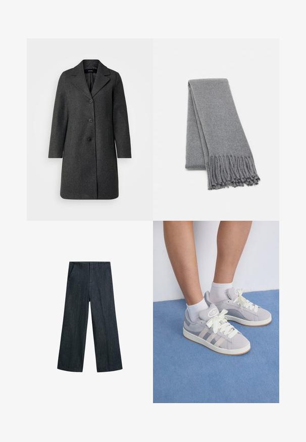 Šedý vlněný kabát s průkrčníkem, třemi knoflíky a bočními kapsami. Rovný design a střední délka, minimální textura.; Tmavě modrý pletený svetr s kulatým výstřihem, žebrovaným lemem a raglánovými rukávy. Vyrobený z měkké látky pro pohodlí a teplo.; Džínové kalhoty s širokými nohavicemi v tmavě modré barvě. Mají hladkou texturu, dvě přední kapsy a klasický pas s poutky na opasek.; Šedé semišové tenisky s bílými tkaničkami a gumovou podrážkou, s třemi šikmými pruhy po straně a logem na jazyku.; Šedý vlněný šál s jemnou texturou, zdobený třásněmi a jednoduchým designem. Pečlivě složený, ukazuje svůj prodloužený tvar.