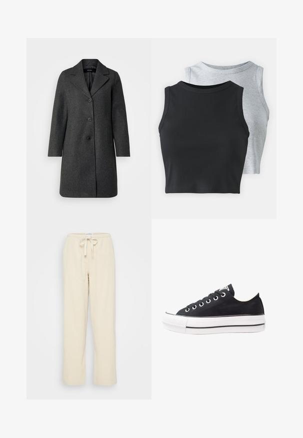 Palton gri din lână cu guler în formă de V, trei nasturi și buzunare laterale. Design drept și tăietură medie, textură minimă.; Even&Odd Petite 2 PACK - Top - light grey/black; Even&Odd Petite Pantaloni - beige; Tenisi negri din pânză cu talpă din cauciuc alb, vârf rotund, design joas, ochiuri metalice și capac texturat la vârf. Dungi subțiri negre de-a lungul tălpii.