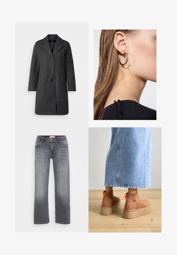 Cappotto di lana grigia con colletto a piccole punte, tre bottoni e tasche laterali. Design dritto e lunghezza media, trama minimale.; Even&Odd Petite 2 PACK - Top - light grey/black; Jeans in denim grigio con design a gamba dritta, stile a cinque tasche, leggera sbiaditura e chiusura con bottone in vita.; Stivali platform in suede marrone con pannelli laterali elastici e linguette arancioni, abbinati a una gonna di jeans chiara, lunga fino al ginocchio, su un pavimento di legno.; Orecchino a cerchio in argento con finitura lucida, caratterizzato da piccoli dettagli in oro e una forma tondeggiante, indossato sul lobo.