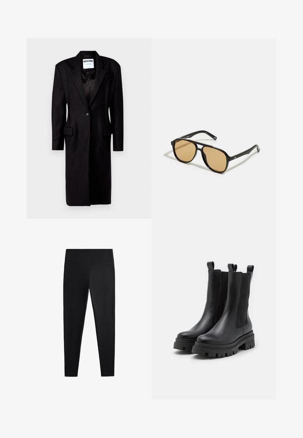 Fekete blézer zakó, kivágott hajtókákkal, egygombos záródással, két elülső zsebbel és hosszabb sziluettel. Texturált gyapjú keverékből készült.; Fehér pamut póló rövid ujjakkal, kerek nyakkivágással és egyenes aljjal. Sima textúra, minimalista dizájn minta vagy díszítés nélkül.; Fekete leggings sima, rugalmas anyagból. Széles derékpánt és szűkülő lábzárás jellemzi, alkalmas aktív vagy laza viseletre.; Fekete bőr bokacsizmák rugalmas oldalsó panelek és húzófülek segítségével. Vastag gumitalpak, mély barázdákkal a jobb tapadás érdekében.; Fekete napszemüveg barna árnyalatú lencsékkel; téglalap alakú, vastag kerettel, a szárakon diszkrét fém részletekkel.