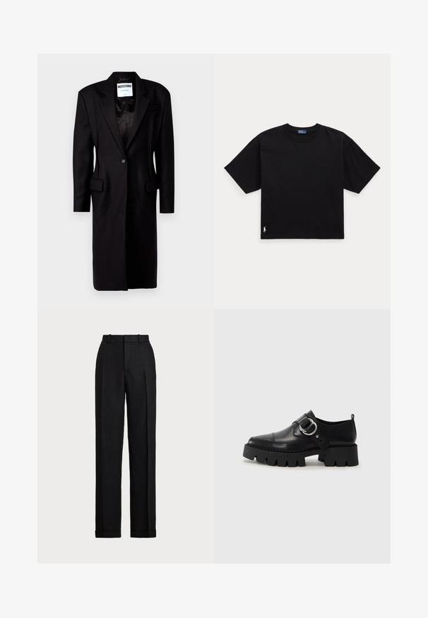 Blazer preto com lapelas recortadas, fecho de um botão, dois bolsos frontais e um silhueta mais longa. Feito de um tecido texturado em mistura de lã.; Camiseta preta de algodão com mangas curtas, decote redondo e um pequeno logótipo branco na parte inferior esquerda. Ajuste clássico e descontraído, com detalhes mínimos.; Calças pretas de cintura alta feitas de linho. Apresentam perna reta, pregas riscadas e bainhas dobradas na base. Sem bolsos ou fechos visíveis.; Sapatos pretos de couro com sola grossa e estriada, apresentando um detalhe em hardware prateado circular e costura mínima.