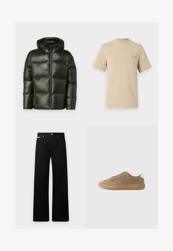Belstaff RESOLVE JACKET - Casaco de penas - tile green; T-shirt de algodão bege com decote redondo e mangas curtas. Apresenta um discreto logotipo em texto preto "SAMSOE" no peito.; Calças de ganga pretas com um design de pernas largas, apresentando cinco bolsos e fechos metálicos. Textura suave, sem padrões visíveis.; Sapatilhas de camurça em castanho claro com sola de borracha. Apresentam um design com atacadores e um estilo minimalista, acentuado por uma aba de calcanhar branca.