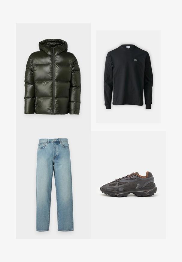 Belstaff RESOLVE JACKET - Puhovka - tile green; Črna dolgi rokavi majica iz bombaža, z okroglim ovratnikom in majhnim zelenim vezenim logotipom krokodila na levem prsnem delu.; Svetlo modri jeans z ohlapnim krojem, ravnimi hlačnicami, petimi žepi in gumbom za zapiranje pri pasu. Minimalistični detajli šivanja.; Lacoste teniske v temno sivi barvi z mrežasto in sintetično prevleko, s teksturiranim podplatom in rjavimi detajli na ovratniku ter blagovni znamki.