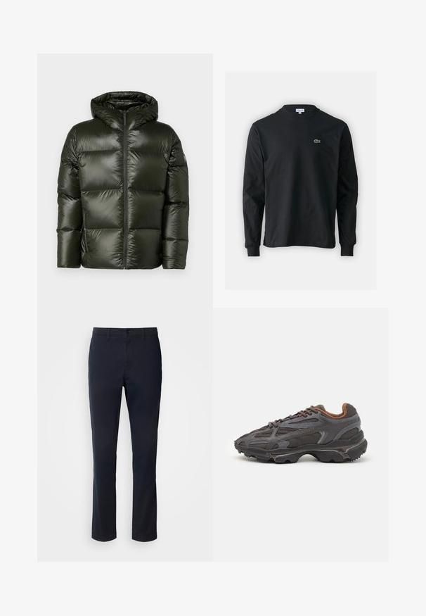 Belstaff RESOLVE JACKET - Down jacket - tile green; Black long-sleeve t-shirt made of cotton, featuring a round neckline and a small green embroidered crocodile logo on the left chest.; Navy blue trousers made of smooth fabric, featuring a straight leg design, belt loops, and a button closure with a zip fly.; Lacoste sneakers in dark gray with mesh and synthetic material, featuring a textured sole and brown accents on the collar and branding.