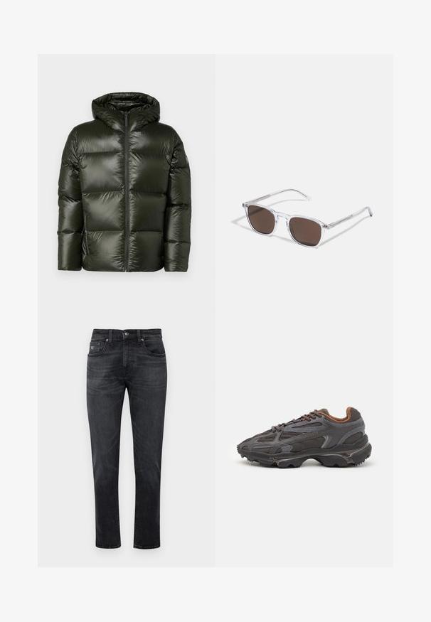 Belstaff RESOLVE JACKET - Dunjacka - tile green; Svart långärmad t-shirt i bomull, med rund halsringning och en liten grön broderad krokodil-logotyp på vänster bröst.; Svarta denimjeans med rak benform, med femficksdesign och dragkedja. Diskret tvätt och sömdetaljer på fickorna.; Lacoste-sneakers i mörkgrått med nät och syntetmaterial, med en strukturerad sula och bruna detaljer på kragen och varumärket.; Klart plastsolglasögon med rektangulära bruna linser, med tunna, genomskinliga bågar och metallaccenter på stängerna.