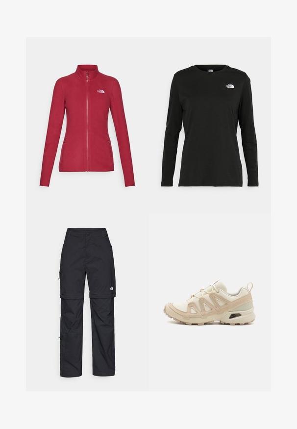 The North Face 100 GLACIER - Fleece jacket - beetroot; Black long-sleeve t-shirt made of cotton with a round neck. Features a small white logo on the left chest area. Simple design and fit.; Black nylon zip-off cargo trousers with adjustable cuffs, multiple pockets, and a logo on the right leg. Smooth, lightweight texture.; Beige and cream athletic shoe with textured mesh upper, supportive overlays, and rubber outsole featuring a tread pattern for traction.