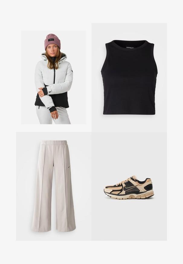 Puchowa zimowa kurtka w jasnoszarym i czarnym kolorze, z zapięciem na zamek z przodu, z dopinaną kapturem oraz pasującymi mankietami. Posiada naszywkę z logo na czapce.; Czarny prążkowany krótki top bez rękawów z okrągłym dekoltem. Wykonany z miękkiego, elastycznego materiału, z wykończonymi krawędziami.; Jasnoszare spodnie o szerokich nogawkach, wykonane z gładkiego materiału. Posiadają elastyczny pas i czarne logo Nike po lewej stronie.; Sneakers Nike z beżową i czarną siateczką, gumową podeszwą i teksturowanymi akcentami. Wyściełana środkowa część podeszwy zapewniająca wsparcie i komfort.
