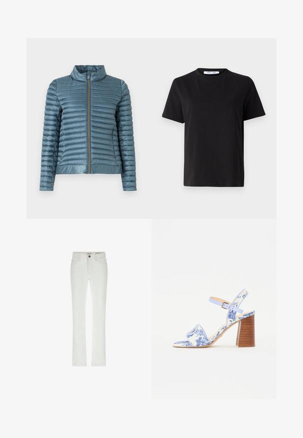 Ljusblå vadderad jacka med dragkedja fram, ståkrage och horisontella quiltade sektioner. Slät textur och smal passform.; Svart kortärmad t-shirt i mjuk bomull, med rund halsringning, avslappnad passform och en mjuk yta. Inga synliga mönster eller tryck.; Vita jeans med smal passform, 5-fickorsdesign och kontrasterande sömmar. Har en knappstängning och en diskret varumärkesetikett i midjan.; Blå blommönstrad sandalett med fyrkantig tå, bred rem och justerbar vristrem, med en texturerad träklack.