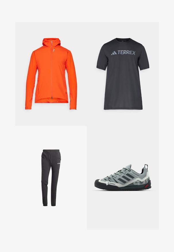 Narančasta vanjska jakna s kapuljačom, puni prednji zatvarač, dugi rukavi i glatka tekstura. Ima bočnu džepu i podesivu donji rub.; Crna majica kratkih rukava od lagane tkanine, koja ima svijetlosivu oznaku "TERREX" preko prsa i okrugli izrez.; Crne atletske hlače napravljene od laganog materijala, s elastičnom strukom, bočnim džepovima, suženim nogavicama i detaljem s logotipom.; Sive čizme za penjanje s teksturiranim gornjim dijelom, crnim gumenim vrhom, tri tamne pruge i malim crvenim detaljem na potplatu.