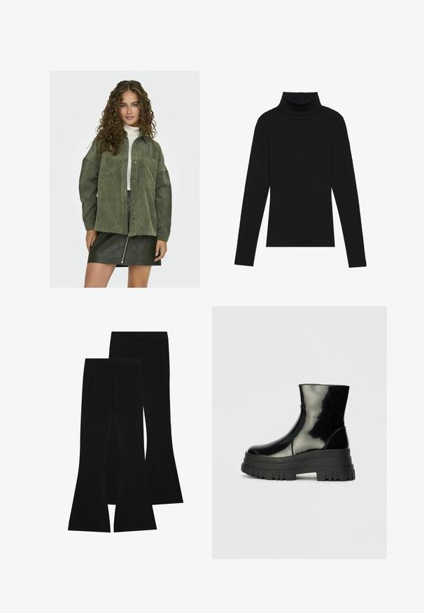 Zielona koszula z kordurowego materiału, zapinana na guziki, o luźnym kroju, z dwiema przednimi kieszeniami i długimi rękawami, w połączeniu z czarną skórzaną mini spódnicą.; Czarna bluzka z długim rękawem i kołnierzem typu stójka, wykonana z prążkowanej tkaniny, charakteryzuje się dopasowanym krojem, wysokim dekoltem oraz brakiem wzorów i zdobień.; Czarne spodnie w kształcie dzwonów wykonane z elastycznej tkaniny, z wysokim stanem i gładką fakturą, o dopasowanym kroju, który rozszerza się od kolana.; Czarne błyszczące botki sięgające kostki z grubą podeszwą i zaokrąglonym czubkiem, widok z boku na jednolity jasnoszary tle.