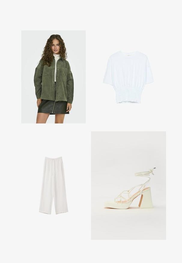Groene corduroy button-up shirt met een relaxte pasvorm, voorzien van twee voorzakken en lange mouwen, gecombineerd met een zwarte leren mini rok.; Witte T-shirt met korte mouwen in een relaxte pasvorm en gerimpelde textuur bij de taille. Gemaakt van zachte, lichtgewicht stof.; Witte wijde broek gemaakt van een lichte stof. Voorzien van een elastische tailleband met een trekkoord en zijzakken. Zachte textuur.; Witte hoge hakken sandaal met een chunky hak, met een bandjesontwerp en enkelband. Gladde textuur met een plateau voor extra hoogte.