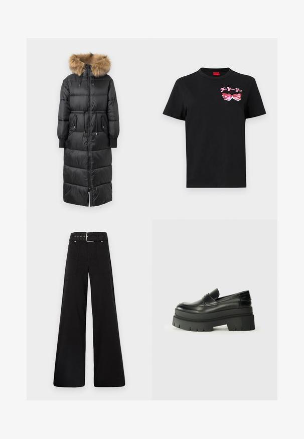 Cappotto lungo nero imbottito con cappuccio in pile tan removibile, polsini elasticizzati e chiusura con zip, dotato di due tasche laterali e design con vita arricciata.; T-shirt in cotone nero con maniche corte, caratterizzato da una grafica rosa di occhiali da sole e la scritta "Non tua ragazza" sulla parte sinistra del petto.; Pantaloni neri a gamba larga realizzati in cotone, con vita alta, ampie tasche laterali e vita con cintura arricchita da dettagli in metallo argentato.; Mocassini neri in pelle con suola piatta spessa. Punta arrotondata, dettaglio della cucitura frontale e accenti di cucitura sottili. Suola piatta e testurizzata.
