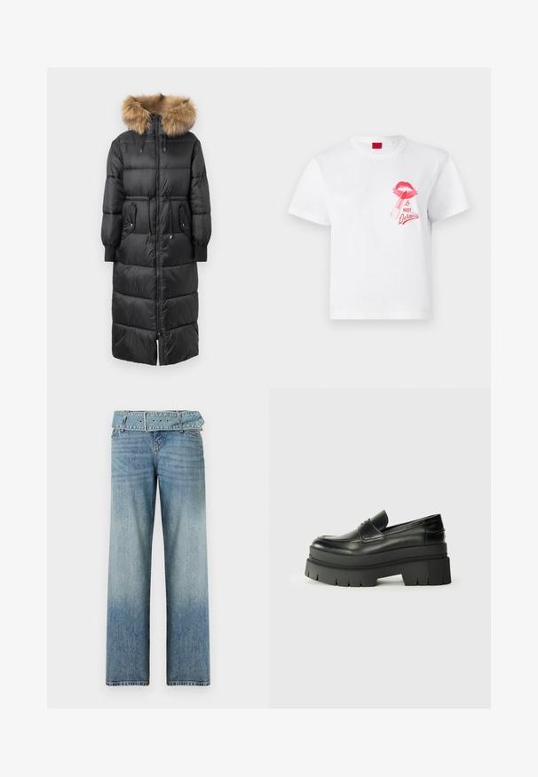 Mustapituinen pitkä untuvatakki, jossa on irrotettava vaaleanruskea turkista vuorattu huppu, elastiset hihansuut ja vetoketjukiinnitys. Takissa on kaksi sivutaskua ja kuminauhakuja, joka korostaa vyötäröä.; Valkoinen puuvillapaita lyhyillä hihoilla, jossa on vaaleanpunainen huulijälki ja huulipunaan liittyvä grafiikka, sekä teksti "La Nuit Devious."; Vaaleansiniset farkut, joissa on leveä lahje, vyötäröllä on samasta kankaasta valmistettu vyö, ja värin vaalennus tummasta vaaleaksi tapahtuu vähitellen.; Musta nahkakengät, joissa on muhkea pohja. Pyöristetty kärki, etusauman yksityiskohtia ja hienovaraisia ompeluaksentteja. Littee, kuvioitu ulkopohja.