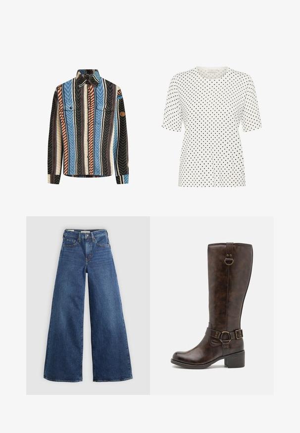 Karhupaita, jossa on tekstuuria ja pystysuoria raitoja sinisen, ruskean ja mustan sävyissä. Paidassa on kaksi rintataskua ja nappikiinnitys edessä.; Valkoinen lyhythihainen t-paita pyöreällä kaula-aukolla, jossa on pieniä mustia pisteitä koko pinnalla. Pehmeä kangas, jossa on rento istuvuus.; Laaja lahkeet siniset farkut viidellä taskulla, nappikiinnitys ja kontrastivärinen ommel, joissa on pehmeä ja teksturoidu pinta.; Ruskot ruskeat nahkaiset polvipituiset saappaat, joissa on pyöristetty kärki, koristeellinen vyö, pyöreä metalliosuus ja matala lohkouoti. Pintarakenteeltaan sileät.