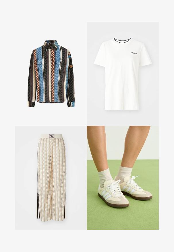 Camisa de flanela texturizada com riscas verticais em azul, castanho e preto, com dois bolsos no peito e fecho de botões na frente.; T-shirt de algodão branca com mangas curtas e decote redondo. Apresenta um logo preto da Adidas no peito e uma gola interna preta em contraste.; Calças largas de cor creme com um padrão em zigzag, apresentando uma cintura com logotipo preto e riscas laterais pretas. Tecido leve e texturizado.; Sapatilhas Samba com um esquema de cores creme e bege, apresentando três riscas azul claro, atacadores brancos e solas de borracha castanha.