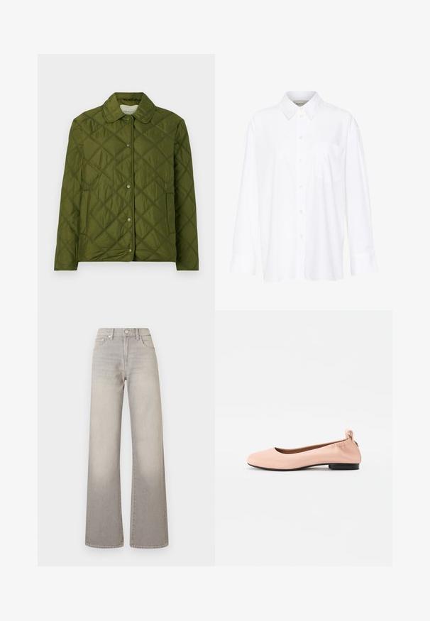 Jachetă olive verde, matlasată, confecționată dintr-un material ușor, cu un guler rotund și închidere cu nasturi tip snap, având un design cu model în diamant.; Cămașă albă cu mânecă lungă și guler, fabricată din bumbac. Are un închidere cu băta pe față și un singur buzunar pe piept. Textură netedă, croială lejeră.; Jeans largi gri cu un finisaj decolorat, închidere cu buton, design cu cinci buzunare și detalii cusute pe cusături.; Balerini de culoare roz pal, confecționați dintr-un material neted, cu vârf rotund, spate flexibil și un toc mic negru.
