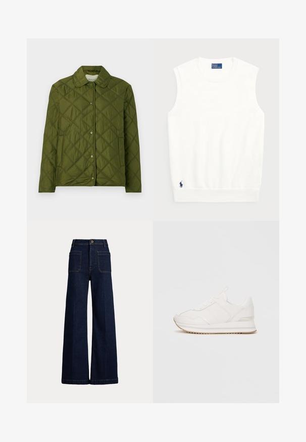 Quiltet olivengrønn jakke laget av lett stoff, med rund krage og trykknapplukking, med et diamantmønster.; Hvit ermeløs genser laget av glatt bomull, med ribbestrikket kant og en liten marineblå logo nederst til venstre. Enkelt design, ingen mønstre.; Bredde ben, mørkeblå denimjeans med høy livhøyde, fem lommer og kontraststing. Har knappelukking og en strukturert fasong.; Hvit lavtoppsneaker med snøring på forsiden, polstret såle og beige gummisåle mot en enkel bakgrunn.
