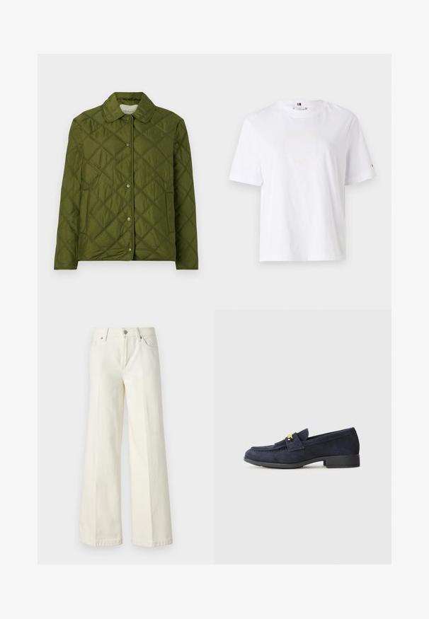 Kvadričasta olivno zelena jakna iz lahkega materiala, ki ima okrogel ovratnik in zapiranje na spono z obliko diamanta.; Bela bombažna majica s krojem, kratkimi rokavi in subtilnim rumenim logotipom z napisom "HILFIGER NEW YORK 1985." Standardna prileganje.; Široke bele kavbojke so narejene iz mešanice bombaža. Imajo zadrgo, pet žepov in šive vzdolž šivov.; Mornarske semiš loafer čevlje z nizko črno peto, ki vključujejo okrasno zlato strojno opremo spredaj in obliko zaokroženega nosu.