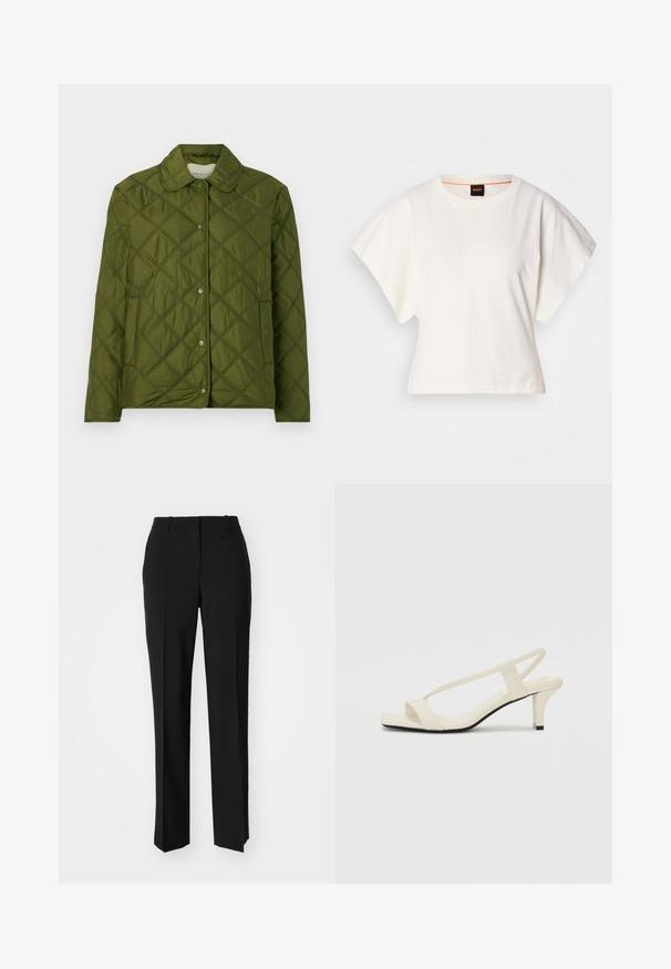 Kvadričasta olivno zelena jakna iz lahkega materiala, ki ima okrogel ovratnik in zapiranje na spono z obliko diamanta.; Bela skrajšana majica s kratkimi širokimi rokavi, mehka bombažna tkanina, okrogla ovratnica z diskretnim oranžnim robom, minimalističen dizajn, brez vzorcev ali grafike.; Črne krojene hlače s direktnim krojem, ki se ponašajo z gladko teksturo in ostrimi pregibi spredaj. Ni vidne kovine.; Bež sandale z blok peto, tankimi trakovi in kvadratnim prstom. Gladek material z minimalnim okrasjem, zasnovan za enostavno nošenje.