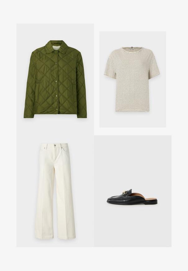 Töltött, olajzöld dzseki könnyű anyagból, lekerekített gallérral és patentos záródással, rombusz mintázattal.; Csíkos, rövid ujjas póló krém színben, fekete vízszintes csíkokkal. Kerek nyakkivágása van és laza szabású. Puha anyagból készült.; Bőszárú fehér farmernadrág pamut keverék anyagból. Cipzáras záródással, öt zsebes kialakítással és varrással a varratok mentén.; Fekete bőr slip-on cipő kerek orral, arany kiegészítővel és lapos talppal. Belső része világosbarna bőrrel bélelt a kényelem érdekében.