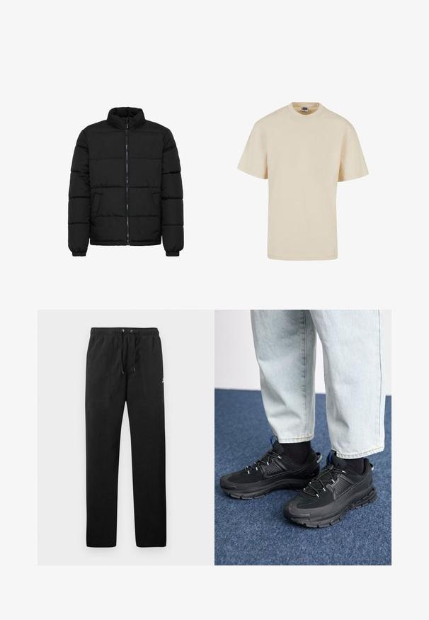 Jachetă puf din material negru, cu guler înalt, închidere cu fermoar în față și manșete elastice. Prezintă secțiuni orizontale matlasate și două buzunare frontale.; Tricou din bumbac bej, cu gât rotund și mâneci scurte, având o croială lejeră și detalii minime ale cusăturii. Design casual și versatil.; Pantaloni de trening negri din fleece, cu talie elastică și șnururi, două buzunare frontale și un logo mic pe coapsă.; Pantofi sport negri, cu țesătură texturată și tălpi din cauciuc, având șireturi elastice și un accent albastru pe toc. Purtați cu pantaloni din denim deschis.