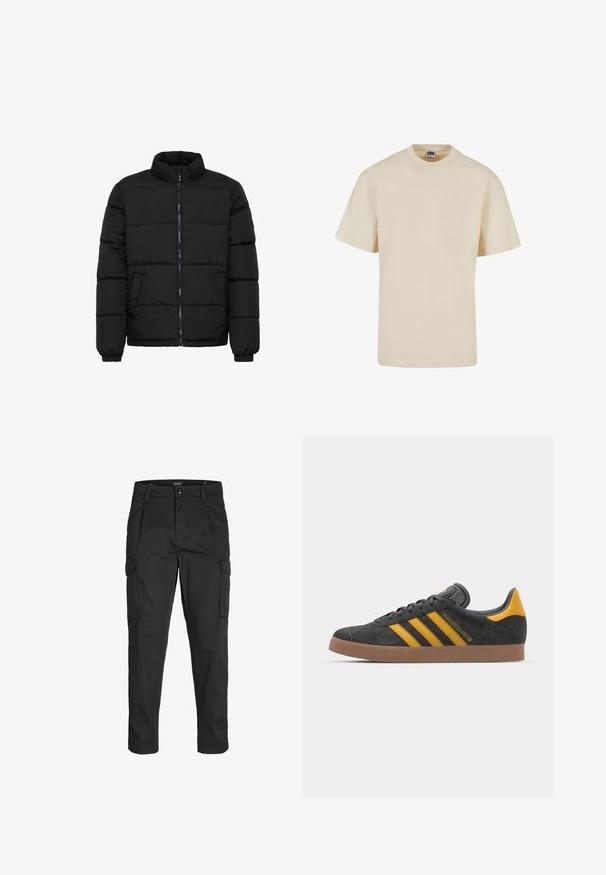 Fekete puffkabát magas gallérral, cipzáras elülső záródással és rugalmas mandzsettákkal. Jellemzője a vízszintes steppelt részletek és két elülső zseb.; Beige színű pamut póló, kerek nyakkivágással és rövid ujjakkal, laza fazonnal és minimális varrási részletezéssel. Halk és sokoldalú dizájn.; Fekete cargo nadrág, amely tartós anyagból készült, több zsebet tartalmaz, gombos záródással rendelkezik, és karcsú szabású, szűkített lábakkal bír.; Fekete velúrbőr sportcipő sárga díszítéssel, három csíkkal és barna gumitalppal. Párnázott nyelvével a kényelem érdekében.
