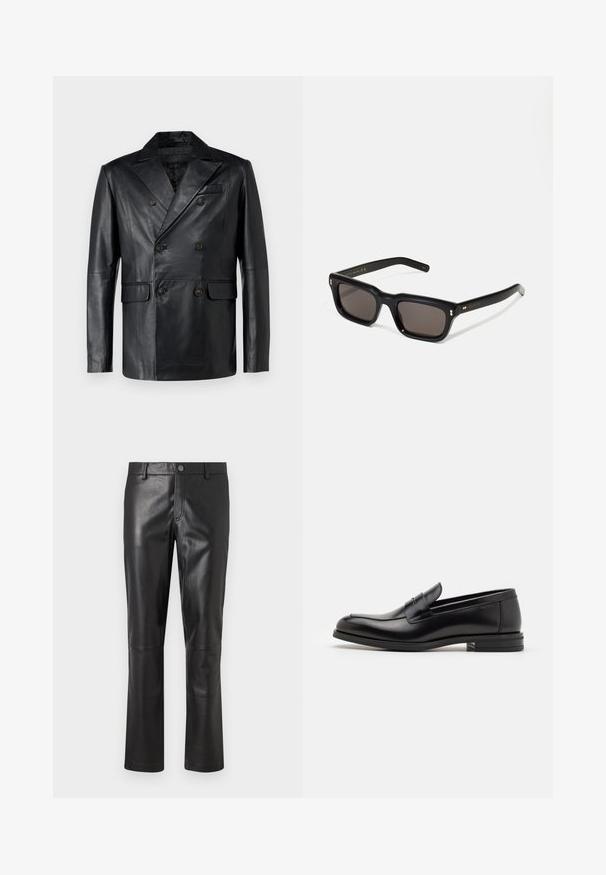 STUDIO ID ANTONIO - Leather jacket - black; White long-sleeve thermal top with a ribbed texture, crew neck, and banded cuffs. Clean design with no patterns or additional accents.; Black leather pants with a smooth texture, straight-leg design, and subtle stitching along the seams. Features a button closure at the waist.; Black leather loafers with a smooth texture, rounded toe, and a decorative strap across the vamp. Low stacked heel, minimalist design.; Black rectangular sunglasses with dark lenses, thick plastic frame, gold accents on temples, and brand logo engraved on the arm.