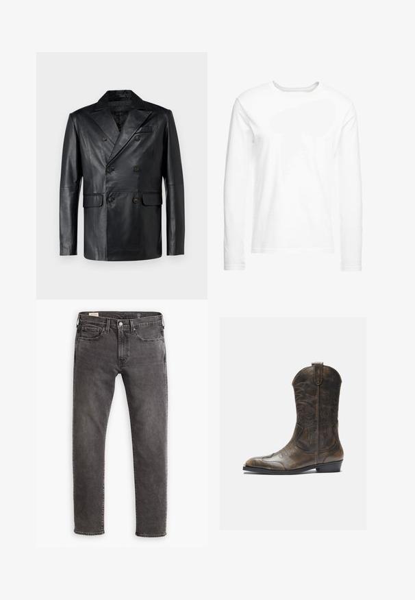 STUDIO ID ANTONIO - Jachetă piele - black; Tricou alb cu mânecă lungă, fabricat din bumbac moale. Gât rotund, cu margini drepte și fără modele sau grafice vizibile.; Jeanși gri din denim cu croi drept, design cu cinci buzunare și închidere cu buton. Au o ușoară decolorare și cusături tonale pe toată suprafața.; Botă de cowboy din piele maro cu un gât înalt, vârf ascuțit, modele complicate de cusături și un toc mic. Finisaj texturat pe întreaga suprafață.