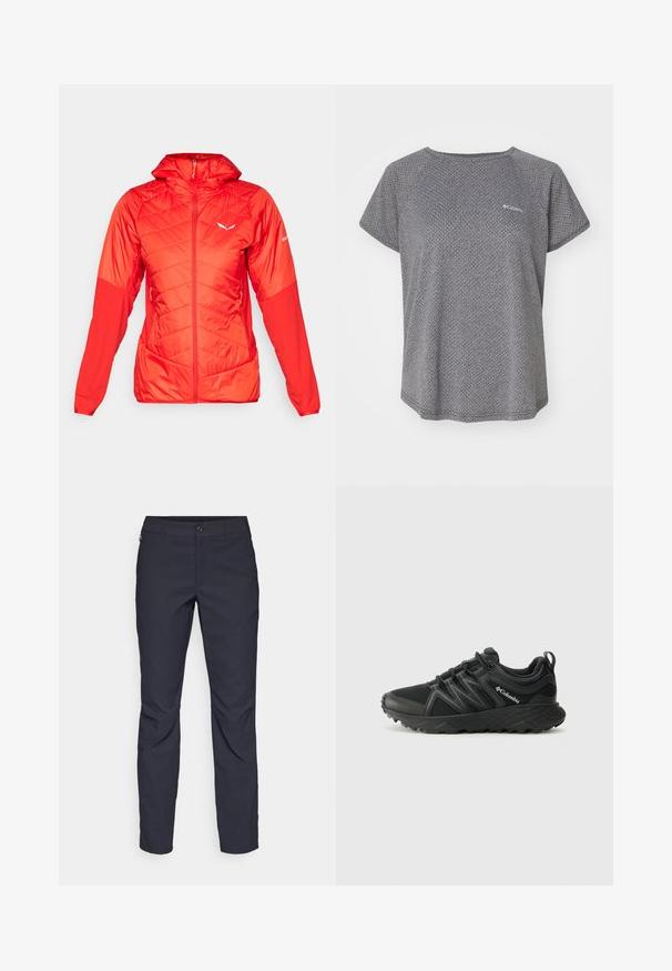 Punainen eristetty takki hupulla, jossa on tikatut osiot, etuvetoketju ja joustavat hihansuut. Logo vasemmassa olkapäässä.; Harmaa lyhythihainen paita, jossa on hillitty tekstuuri, pyöreä pääntie ja Columbia-logo rinnassa. Pehmeä kangas, rento istuvuus.; Tummansiniset housut, jotka on valmistettu sileästä kankaasta. Niissä on edessä nappikiinnitys, slim fit -malleista, ja polvissa on taitteet.; Columbia PEAKFREAK - Vaelluskengät - black