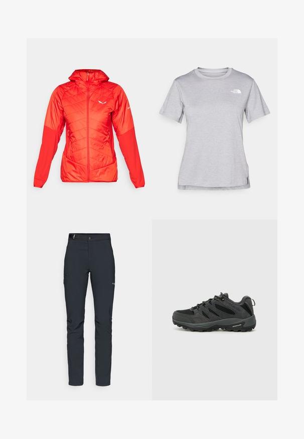Sarkans izolēts jakas mētis ar kapuci, ar quilted sekcijām, priekšējo rāvējslēdzēju un elastīgām aprocēm. Logo uz kreisā pleca.; Pelēks īsām piedurknēm T-krekls, kas izgatavots no mīksta, mitrumu noturoša auduma. Tam ir apaļš kakls un neliels balts logo kreisajā augšējā stūrī.; Vīriešu āra bikses, tumši pelēkā krāsā, izgatavotas no elastīga materiāla, ar jostu, kabatām ar rāvējslēdzēju un pastiprinātām šuvēm.; Columbia REDMOND - Pārgājienu apavi - black/citron haze